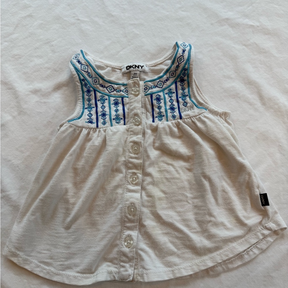DKNY White Button-Up Top with Blue Pattern
